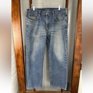 Carhartt Traditional Fit Denim Blue Jeans Mens 38x30 Workwear Distressed *flaw